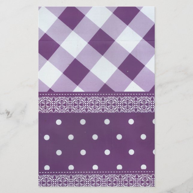 Purple White Chequered Polka Dot Floral Damask Art Stationery (Front)