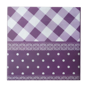 Purple White Chequered Polka Dot Floral Damask Art Tile