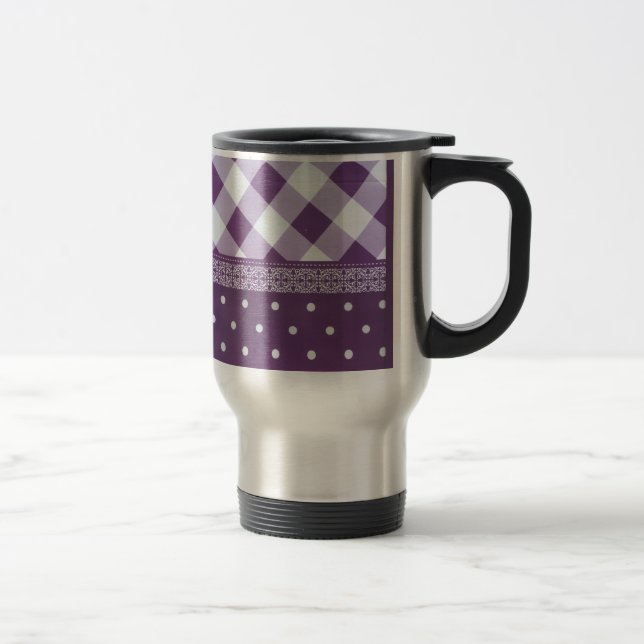 Purple White Chequered Polka Dot Floral Damask Art Travel Mug (Right)