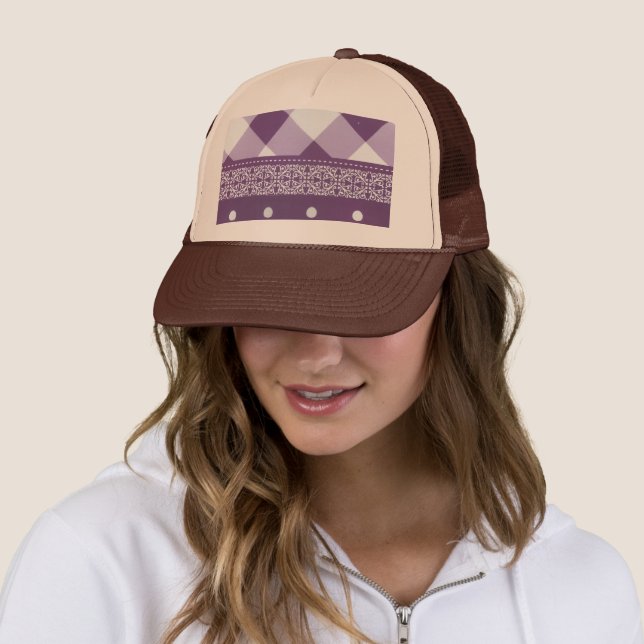 Purple White Chequered Polka Dot Floral Damask Art Trucker Hat (In Situ)