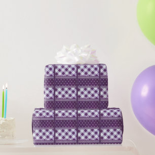 Purple White Chequered Polka Dot Floral Damask Art Wrapping Paper