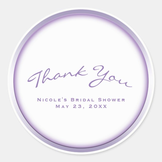 Purple & White Chic Bridal Shower Party Classic Round Sticker (Front)