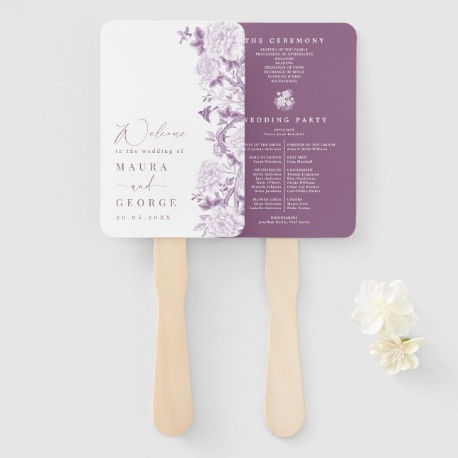 Purple White Chinoiserie Floral Wedding Program Hand Fan (Front and Back)