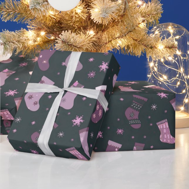 Purple & White Christmas Stockings Black Christmas Wrapping Paper (Holidays)