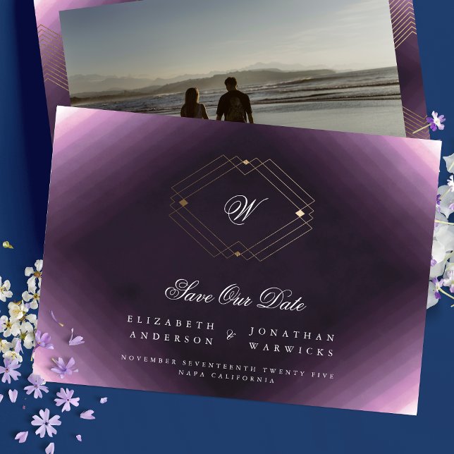purple white classic deco gold monogram photo save the date (Creator Uploaded)