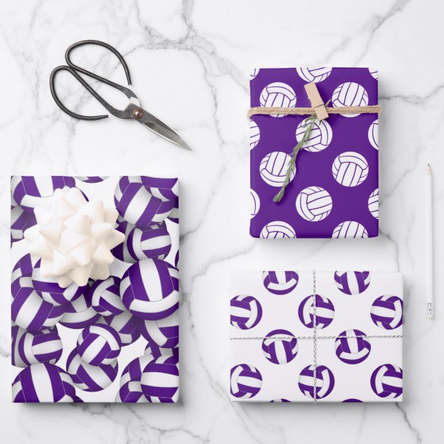 purple white colour theme kids teens volleyball  wrapping paper sheet (Front)