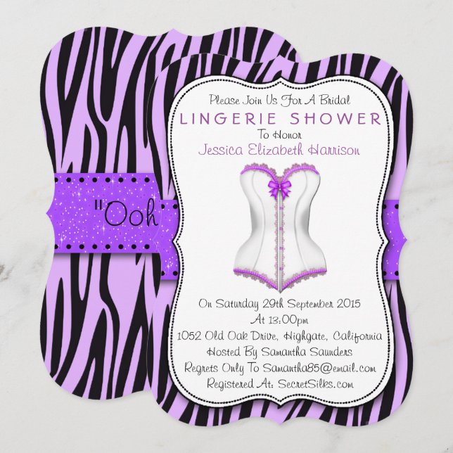 Purple & White Corset Zebra Print Lingerie Shower Invitation (Front/Back)