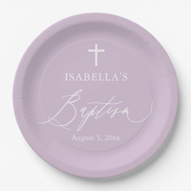 Purple White Cross Girl Baptism Party Plates (Front)