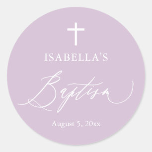 Purple White Cross Girl Baptism Round Sticker