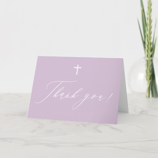 Purple White Cross Girl Baptism Thank You Card (Front)