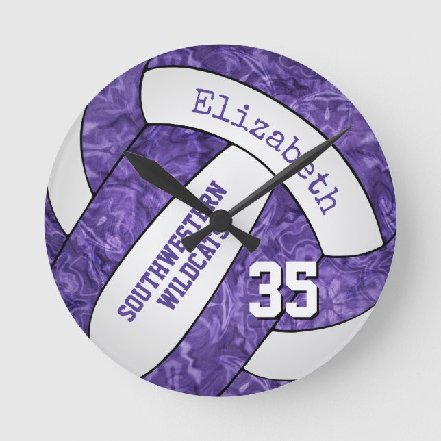 purple white custom girly sporty volleyball room round clock (Front)