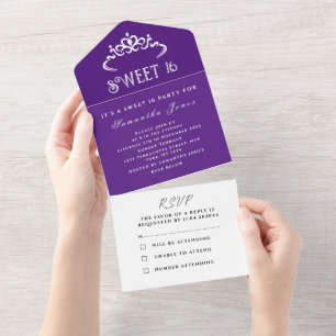 Purple White Cute Sweet 16 Tiara Sixteen Modern All In One Invitation