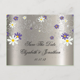Purple White Daisies Swirls on Silver Save The Dat Announcement Postcard
