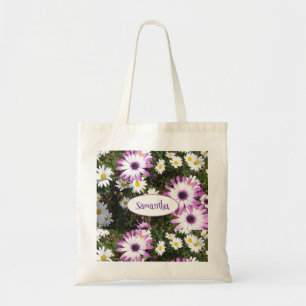 Purple White Daisy Flower Garden Customisable Name Tote Bag