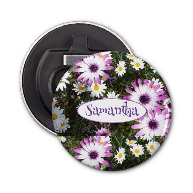 Purple White Daisy Flower Garden Customizable Name Bottle Opener (Front)