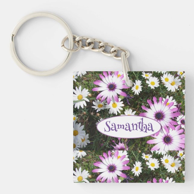 Purple White Daisy Flower Garden Customizable Name Key Ring (Front)