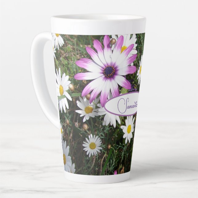 Purple White Daisy Flower Garden Customizable Name Latte Mug (Left Angle)