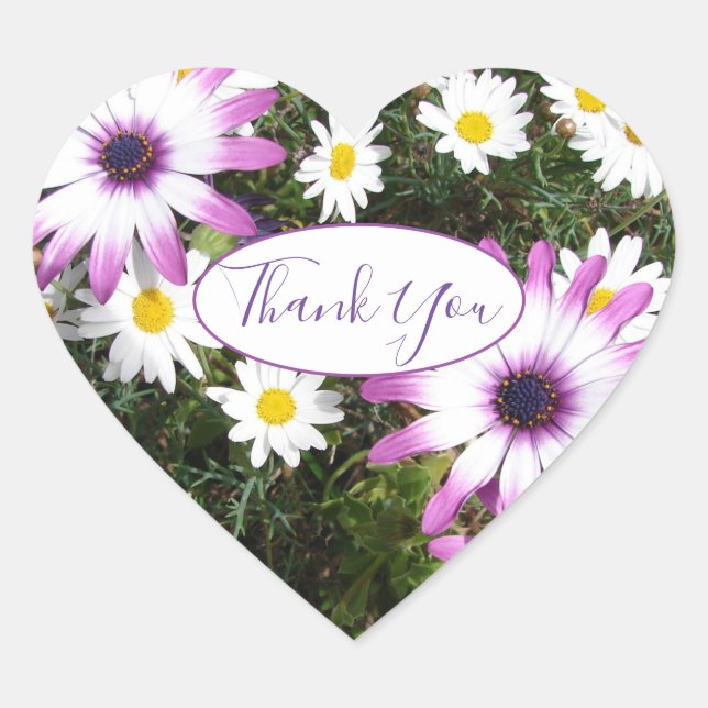 Purple White Daisy Flower Garden Thank You  Heart Sticker (Front)