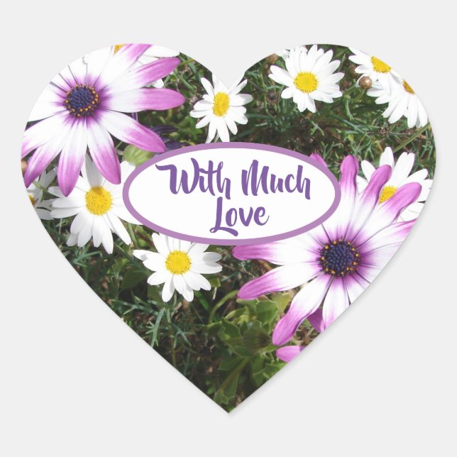 Purple White Daisy Flower Garden With Much Love Heart Sticker (Front)