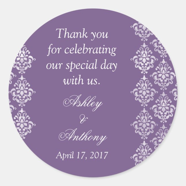 Purple White Damask Arabesque Personalised Wedding Classic Round Sticker (Front)