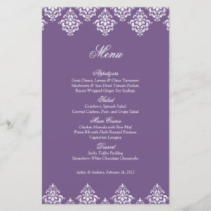 Purple White Damask Arabesque Wedding Menu Card