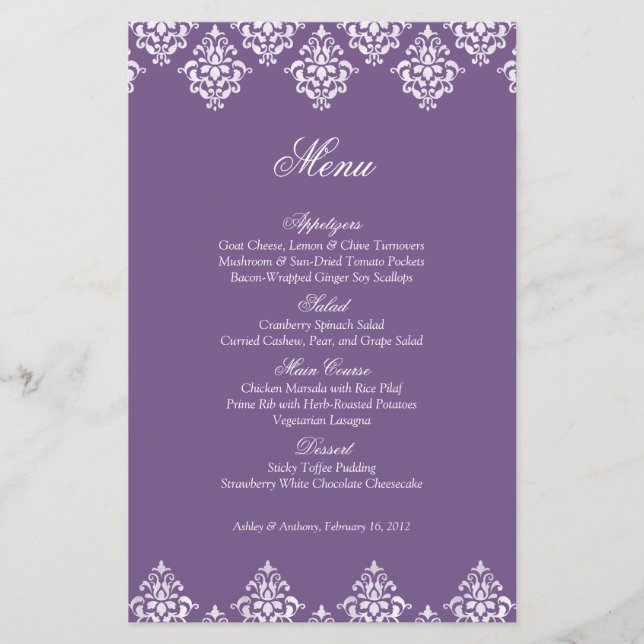 Purple White Damask Arabesque Wedding Menu Card (Front)