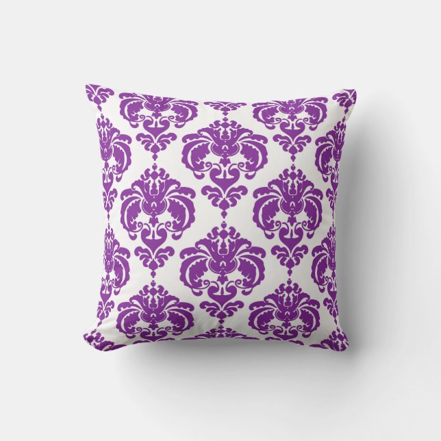 Purple & White Damask Modern Elegant Pattern Cushion (Front)