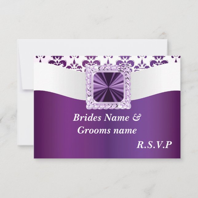 Purple & white damask RSVP card (Front)