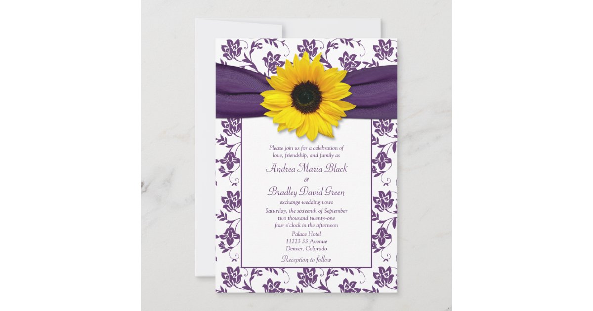 Purple White Damask Sunflower Wedding Invitation Zazzle