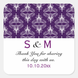 Purple White Damask Thank You Monogram Wedding Square Sticker
