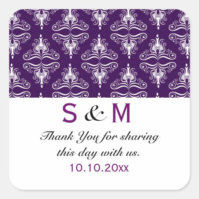 Purple White Damask Thank You Monogram Wedding Square Sticker (Front)