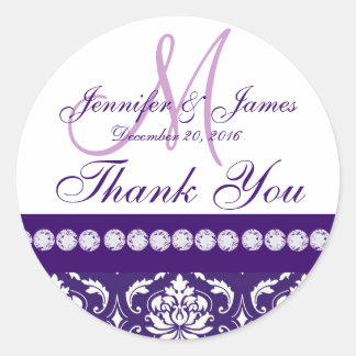 Purple White Damask Thank You Wedding Favour Classic Round Sticker