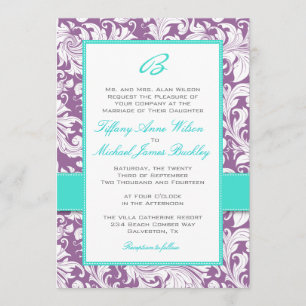 Purple white damask turquoise wedding invitation