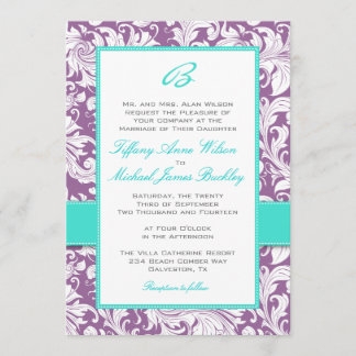 Purple white damask turquoise wedding invitation