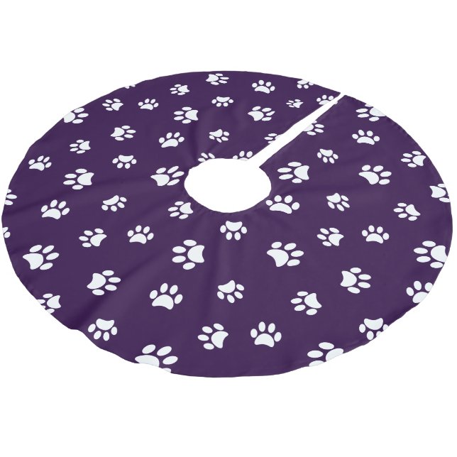 Purple White Dog Cat Paw Prints Pattern Christmas Brushed Polyester Tree Skirt (Angled)