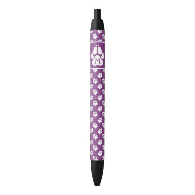 Purple & White Dog Paw Pattern And Custom Monogram Black Ink Pen (Front Vertical)