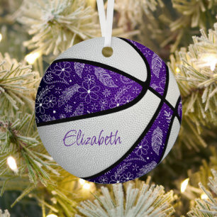 purple white doodle flowers feathers basketball metal tree decoration