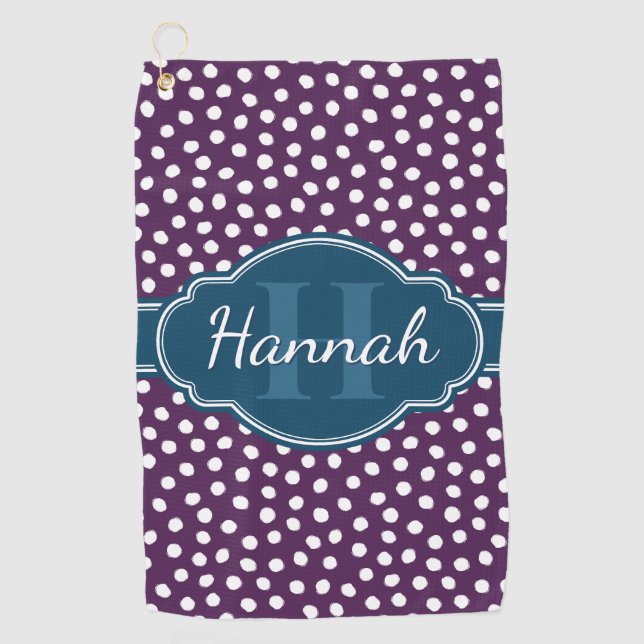 Purple White Dotted Pattern Navy Monogram Golf Towel (Front)