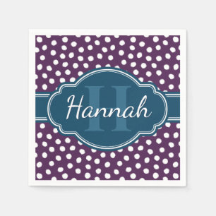 Purple White Dotted Pattern Navy Monogram Napkin