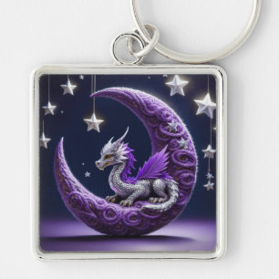 Purple & White Dragon On A Crescent Moon  Key Ring