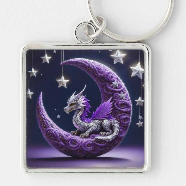 Purple & White Dragon On A Crescent Moon  Key Ring (Front)