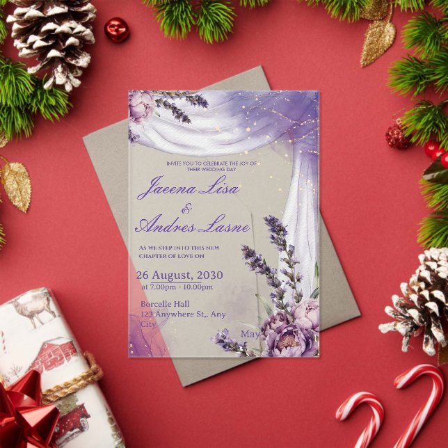 Purple White Elegant Lavender Flower Weeding Acrylic Invitations (Insitu (Holiday))