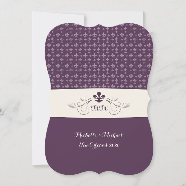 Purple White Fleur de Lis Wedding Invitation (Front)