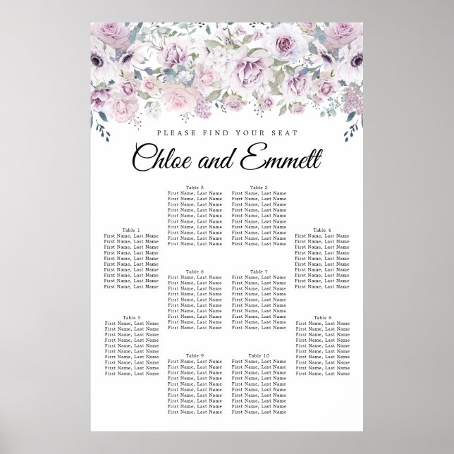 Purple White Floral 10-Table Wedding Seating Chart (Front)