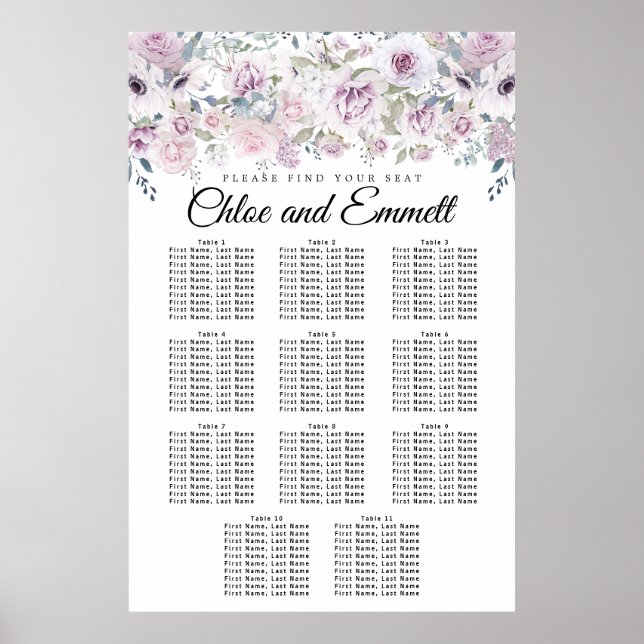 Purple White Floral 11-Table Wedding Seating Chart (Front)