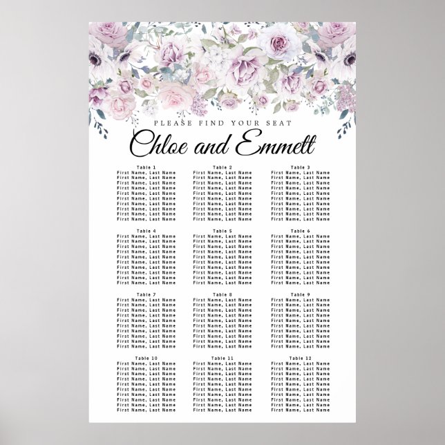 Purple White Floral 12-Table Wedding Seating Chart (Front)