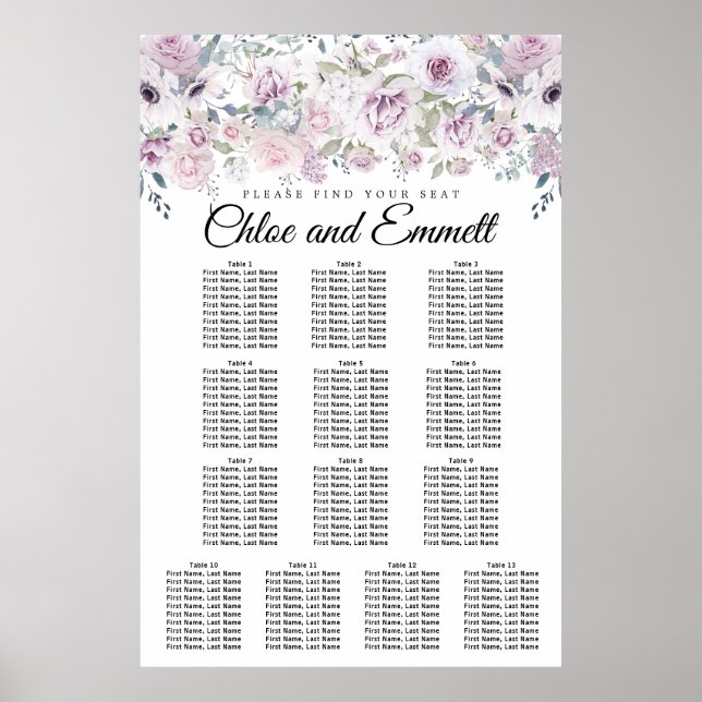 Purple White Floral 13-Table Wedding Seating Chart (Front)