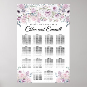 Purple White Floral 14-Table Wedding Seating Chart