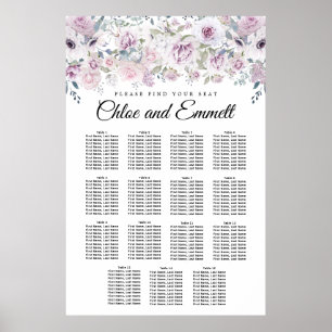Purple White Floral 15-Table Wedding Seating Chart
