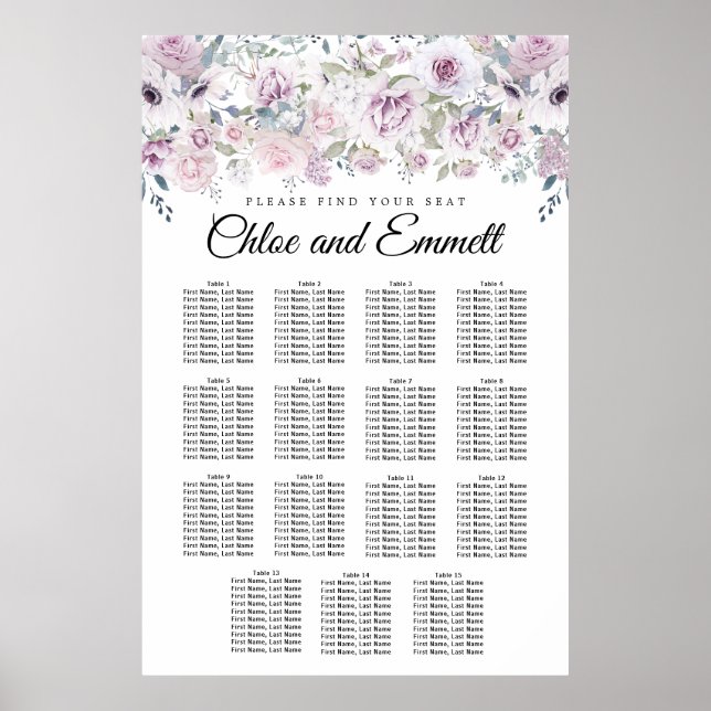 Purple White Floral 15-Table Wedding Seating Chart (Front)